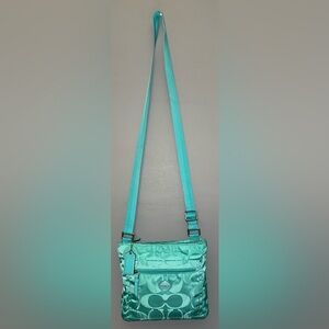 Coach Signature Nylon File Turquoise/Aqua Leather Trimmed Crossbody/Shoulder Bag